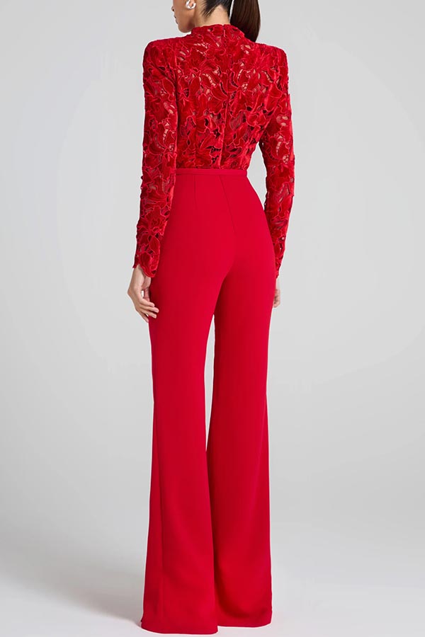 Eleanor Embroidered Floral Lace Long Sleeve Patchwork Belt Flare Jumpsuit | Consonak