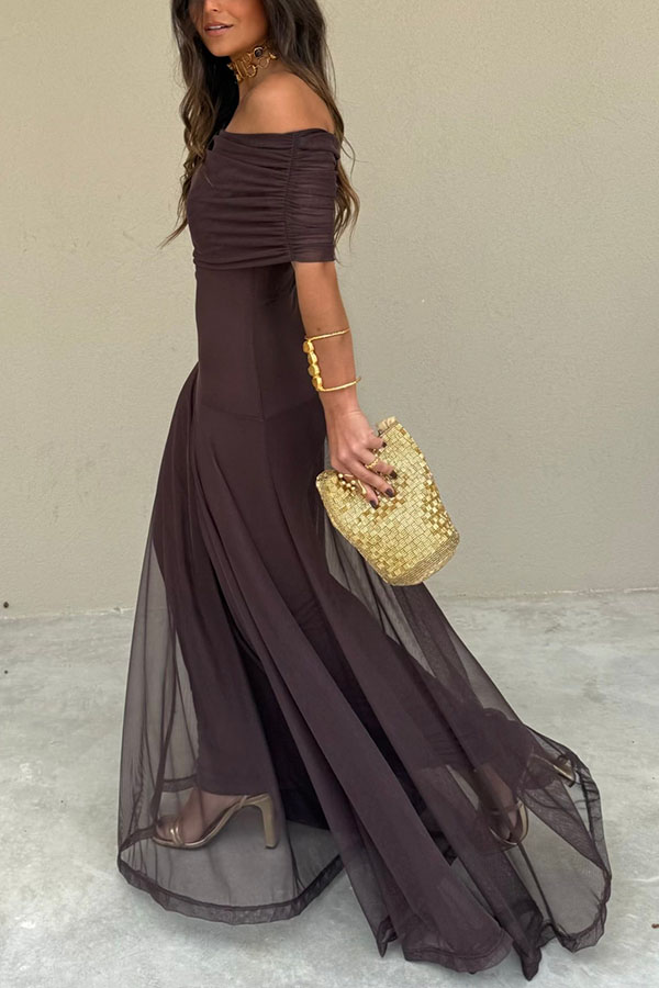 In My Arms Mesh Ruched Strapless Paneled Drape Flare Maxi Dress-consonak