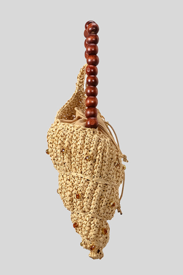 Seashell-shaped Wooden Beaded Zircon-embellished Straw Bag