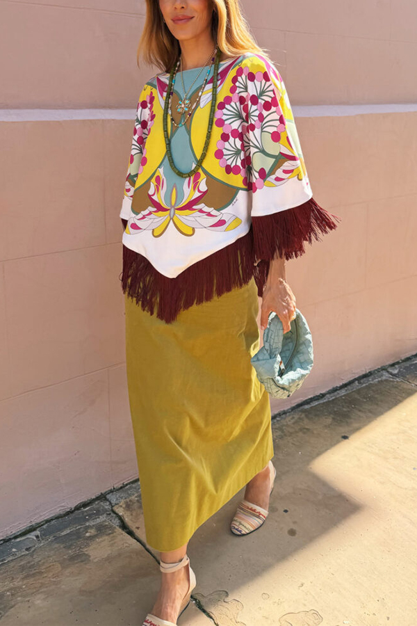 Boho Ethnic-style Floral Pattern Tassel Trim Loose Cape Top-consonak