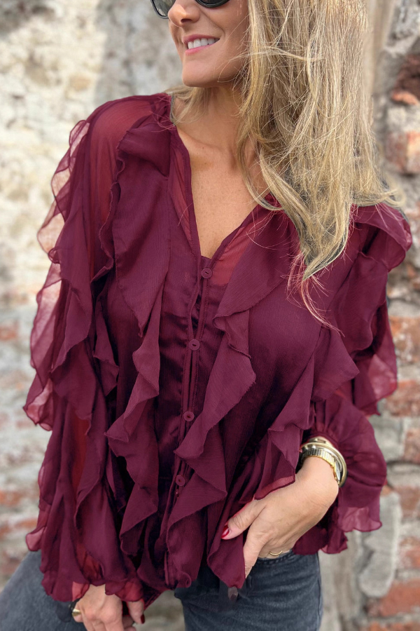 Solid Color Chiffon Ruffled V-neck Patchwork Top-consonak