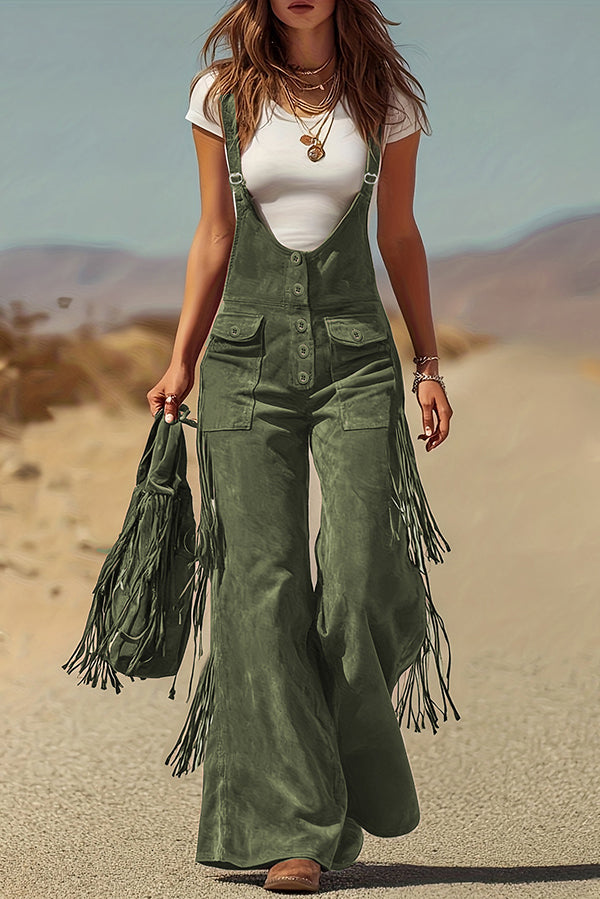 Stylish Suede Tassel Button Pocket Casual Wide-leg Overalls-consonak