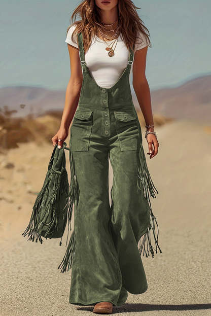 Stylish Suede Tassel Button Pocket Casual Wide-leg Overalls-consonak