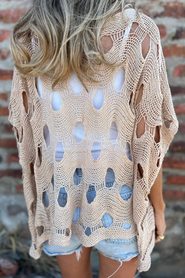 Solid Color Loose-fitting Openwork Casual Knit Top-consonak