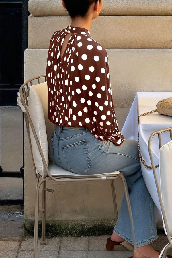 Polka Dot Print Tie-waist Lantern Sleeve Elegant Loose Shirt-consonak