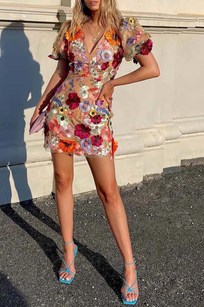 Garden Gala Embroidered Floral Applique Puff Sleeve Mini Dress-consonak