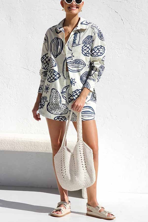 Parkside Pretty Tropical Fruit Print Loose Shirt and Elastic Waist Pocketed Shorts Set-consonak