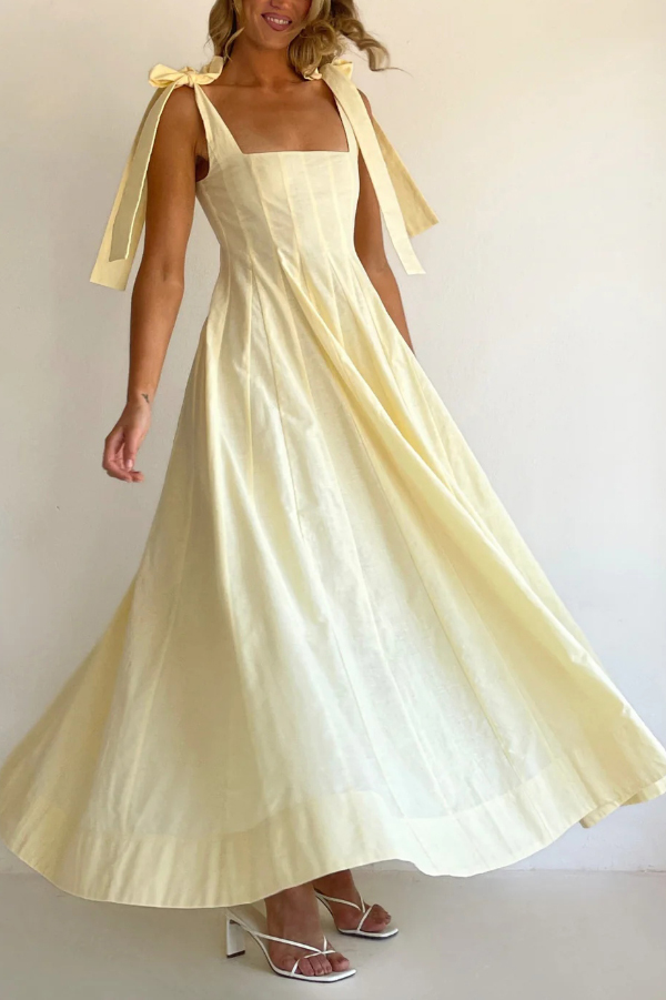 Solid Color Sleeveless Tie-up Suspender Elegant Patchwork Maxi Dress-consonak