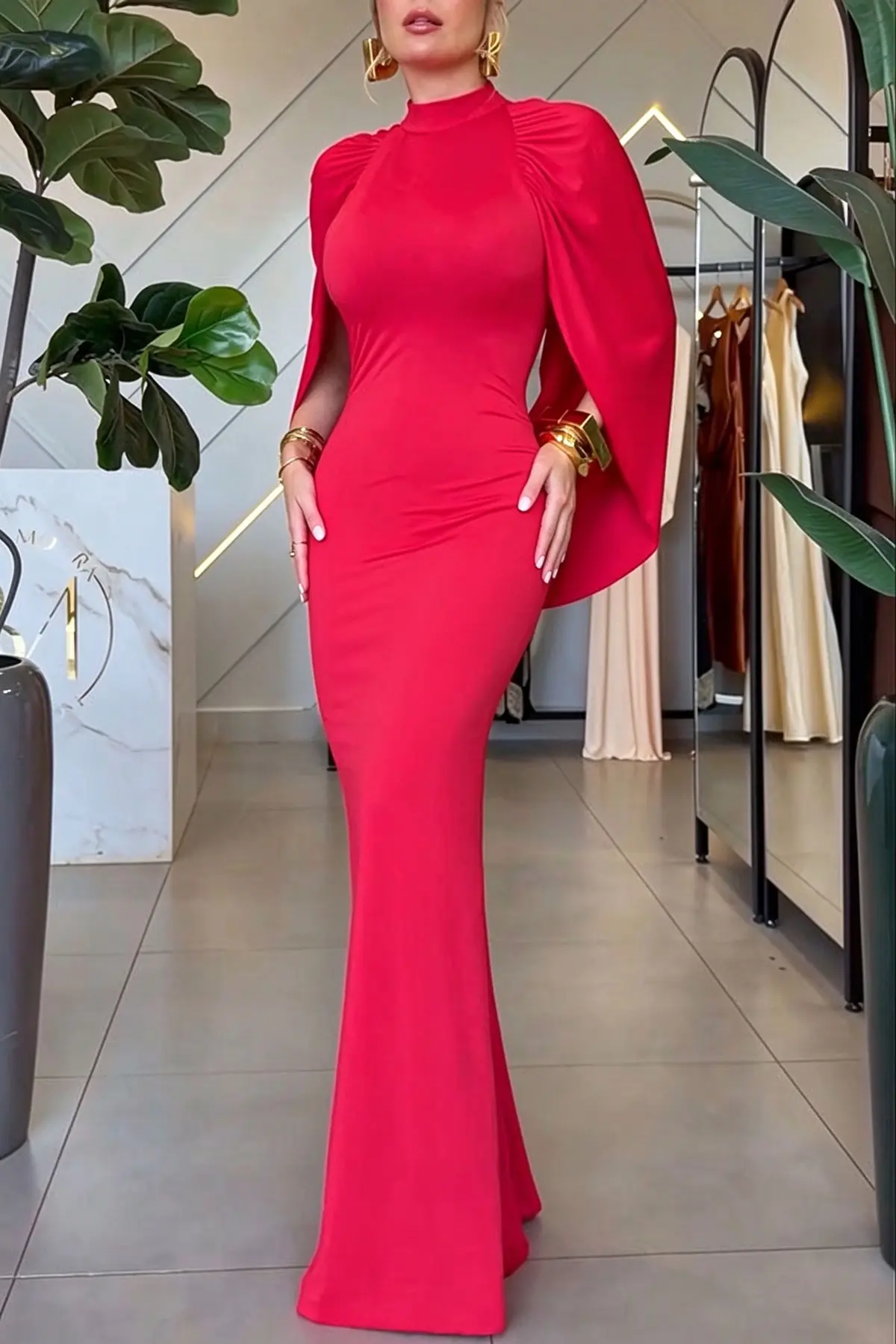 Mermaid High Neck Cape Sleeve Drape Open Back Evening Gown Maxi Dress-Consonak