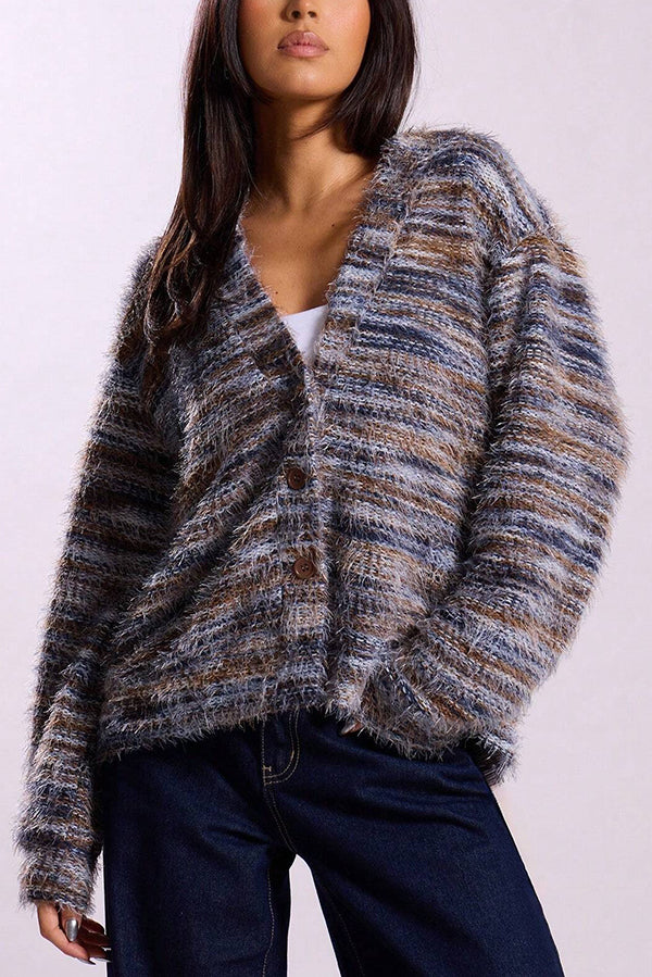Fashionable Mixed Color Loose V-neck Casual Knit Cardigan-consonak