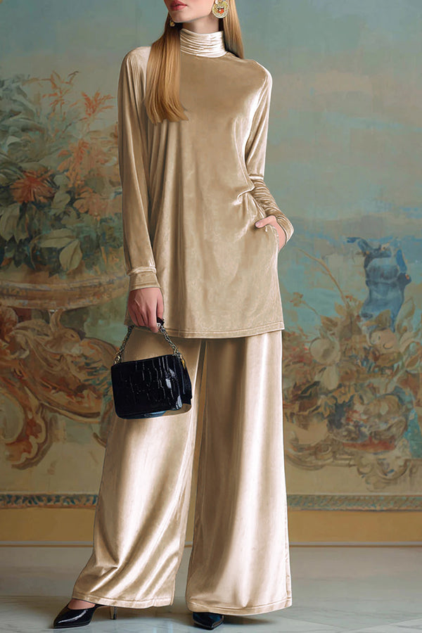 Solid Color Velvet Turtleneck Long-sleeved Loose Top and Elastic Waist Pocket Casual Wide-leg Pants Set-consonak