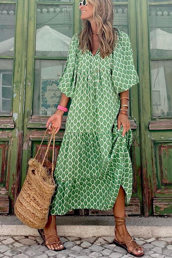 Wandering Soul Puff Sleeve Loose Midi Dress-consonak