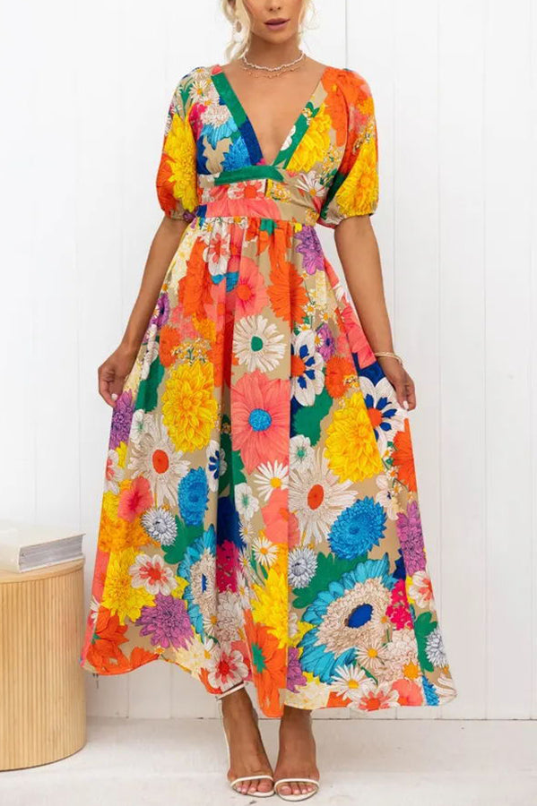 Floral Frenzy Printed Puff Sleeve Back Smocked Maxi Dress-consonak