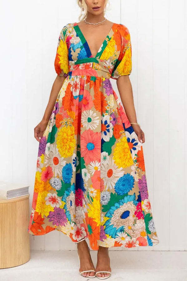 Floral Frenzy Printed Puff Sleeve Back Smocked Maxi Dress-consonak