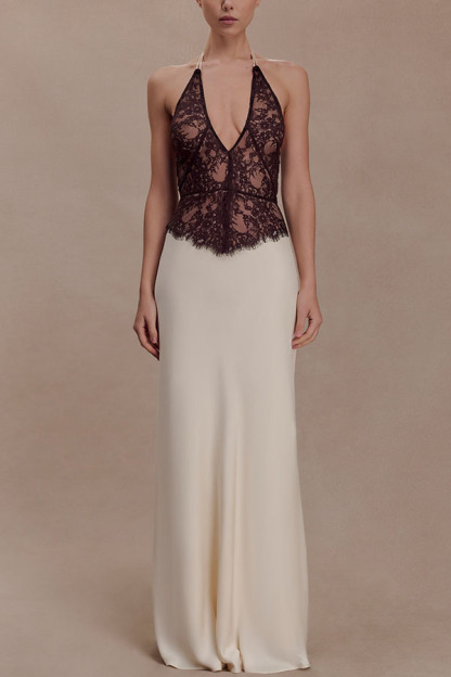 Timeless Silhouette Lace and Satin Halter Backless Drape Maxi Dresset-consonak