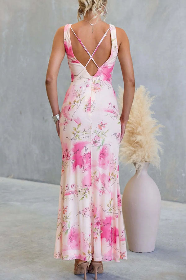 Floral Dreamy Draped Neck Mesh Wrap Dress-Consonak