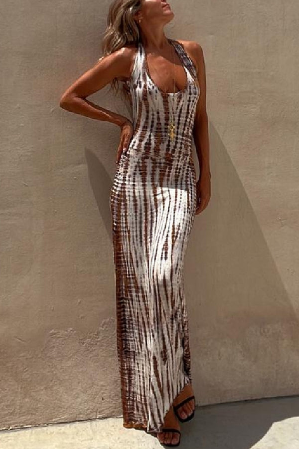Summer Adventures Tie-dye Print Back Lace-up Stretch Maxi Dress | Consonak