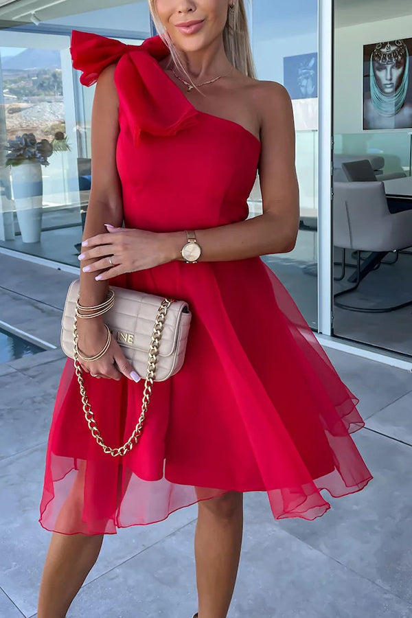 Lifetime Celebrations Tulle One Shoulder Bow Design Mini Dress-consonak