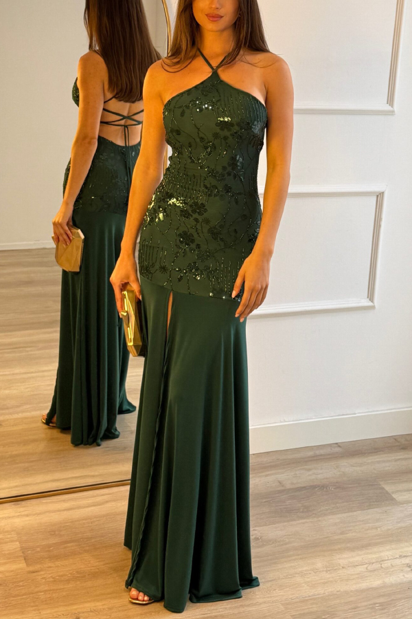 Fashionable Sequined Halter Neck Elegant Slim-fit Slit Maxi Dress-consonak