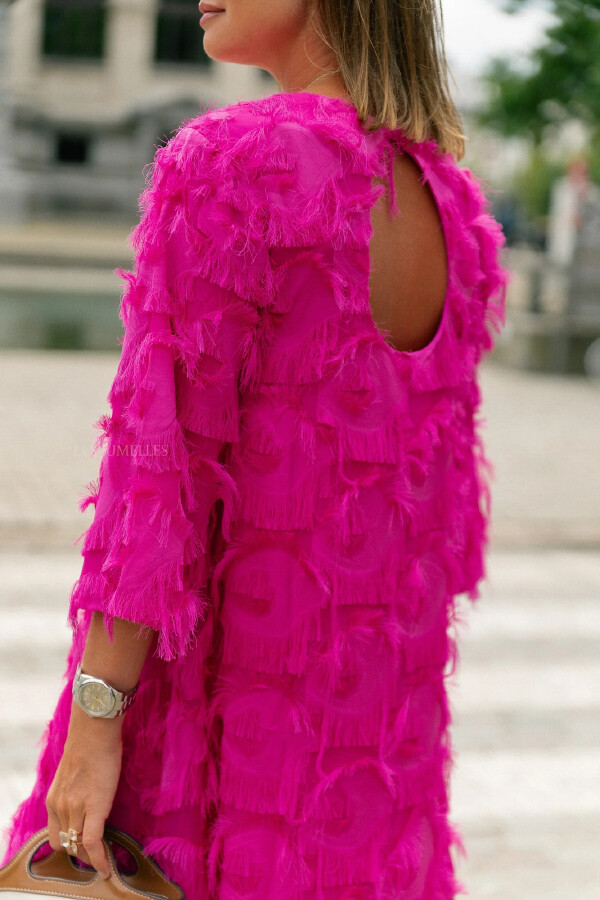 Solid Color Loose Round Neck Casual Tassel Mini Dress-consonak