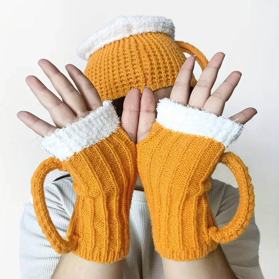 3D Beer Mug Shape Knitted Half Finger Gloves-consonak