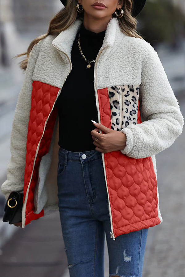 Casual Patchwork Plush Long Sleeve Leopard Print Pocket Loose Zipper Jacket-consonak