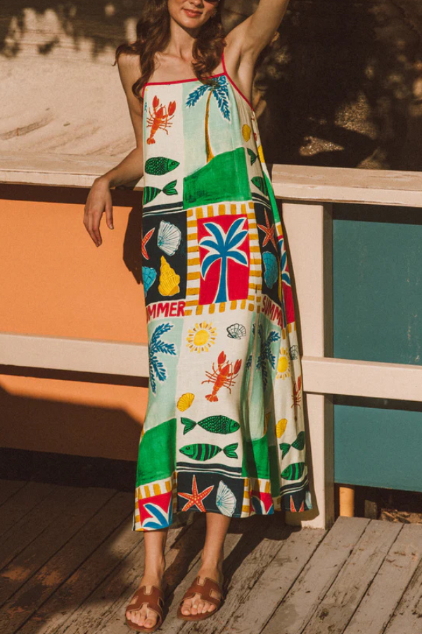 Summer-themed Printed Square Neck Sleeveless Pocket Loose Maxi Dress
