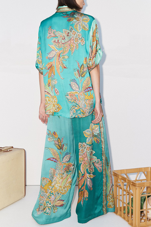 Somewhere Sunny Satin Botanical Print Elastic Waist Pocket Wide Leg Pants-consonak