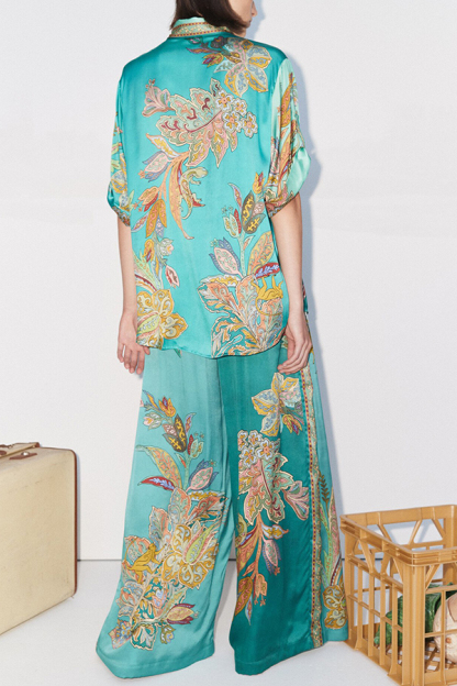 Somewhere Sunny Satin Botanical Print Elastic Waist Pocket Wide Leg Pants-consonak