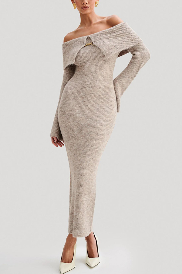 Solid Color Off-shoulder Long-sleeved Elegant Slim-fit Knit Maxi Dress-consonak