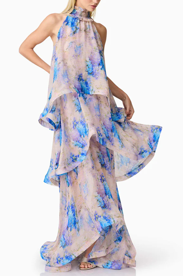 Briony Georgette Fabric Floral Print Pleated High Neck Tiered A-line Maxi Dress