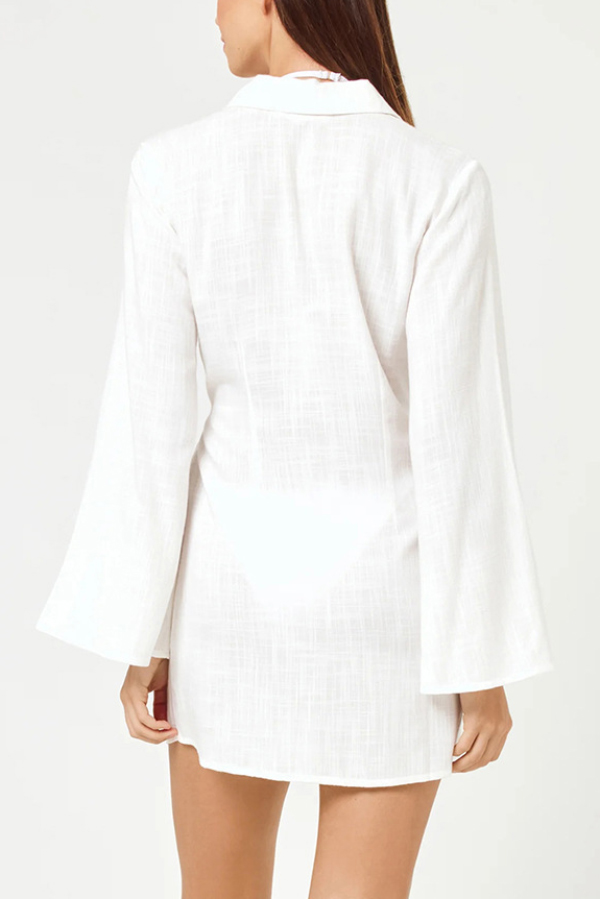 Solid Color Casual Long-sleeved V-neck Tie Waist Mini Dress-consonak