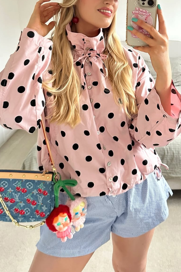 Polka Dot Print Loose Stand Collar Button Bow Tie Casual Long-sleeved Jacket | Consonak