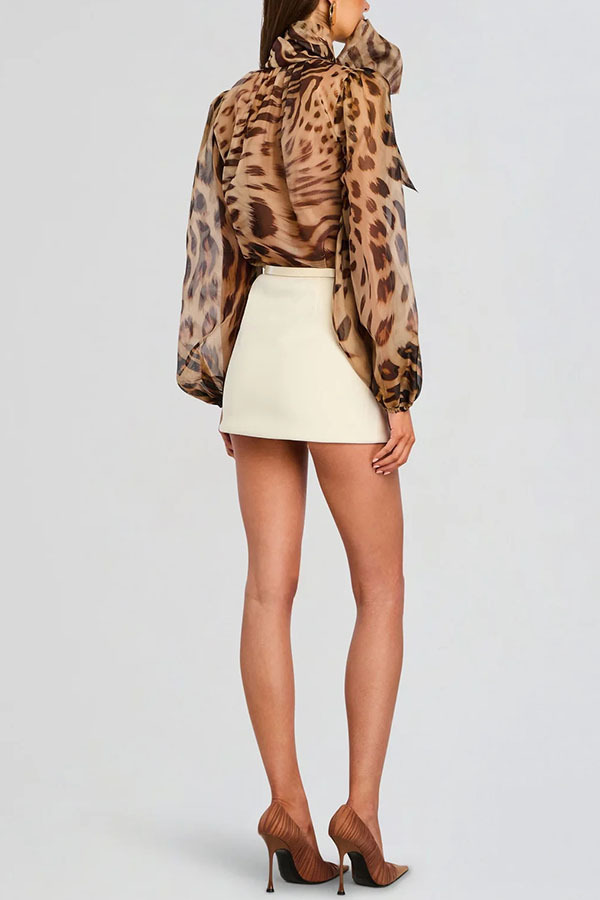 Peregrine Semi-sheer Silk Animal Print Bow Neck Balloon Sleeve Loose Blouse-consonak