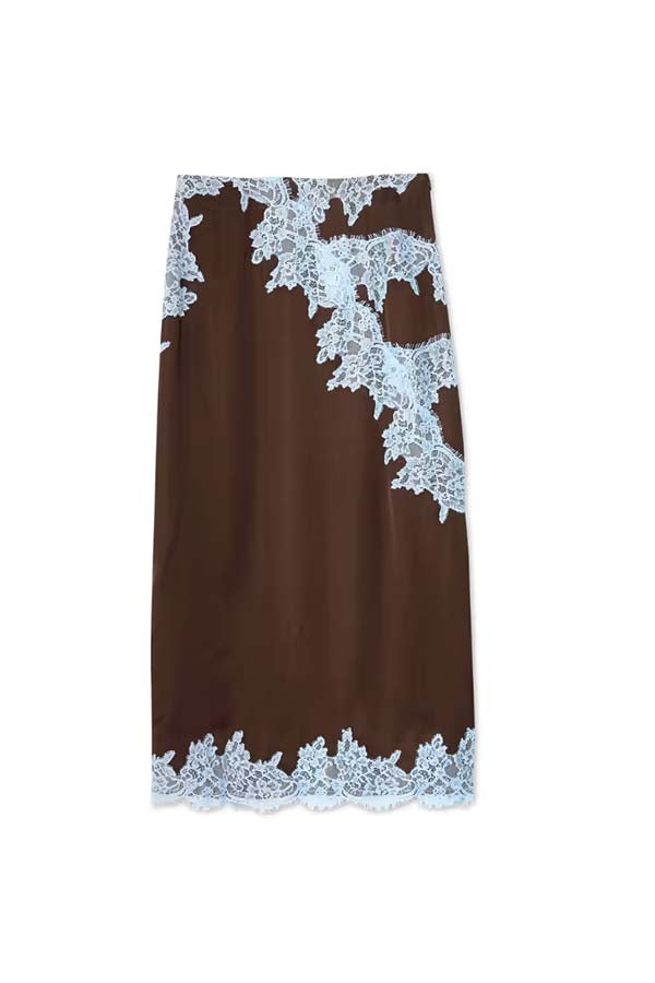 Sunday Social Contrast Color Satin Lace Trim Mid Rise Maxi Skirt | Consonak
