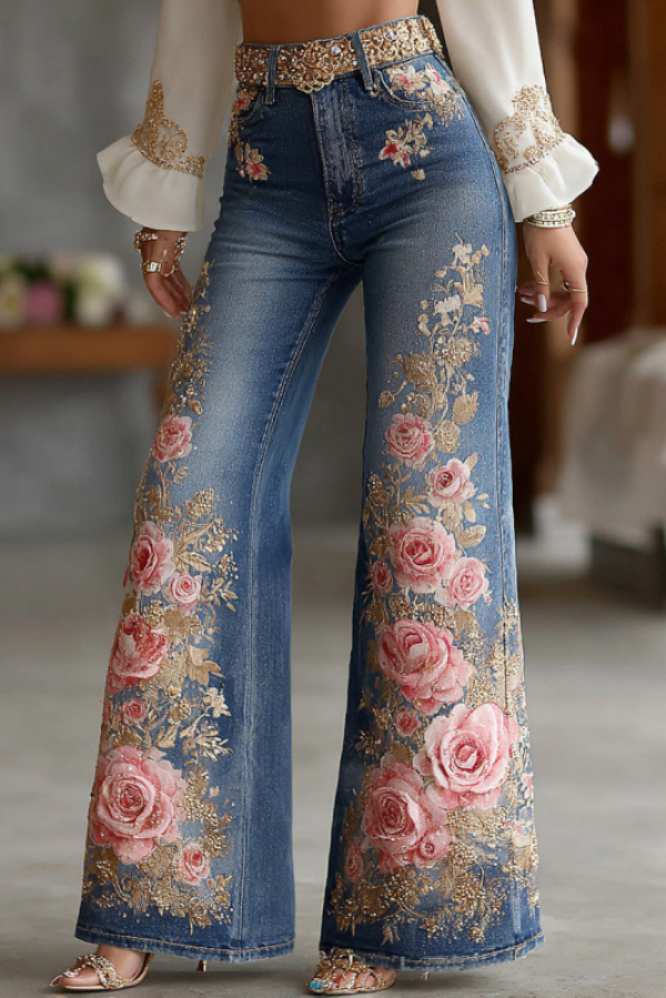 Floral Printed High-waisted Pocket Casual Flared Jeans | Consonak