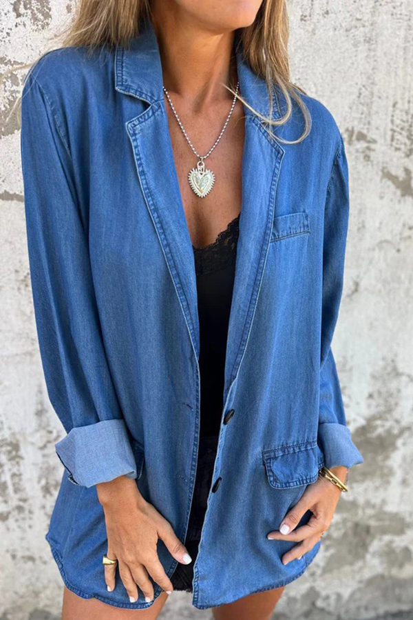 Fashionable Lapel Casual Loose Long Sleeve Denim Jacket-consonak
