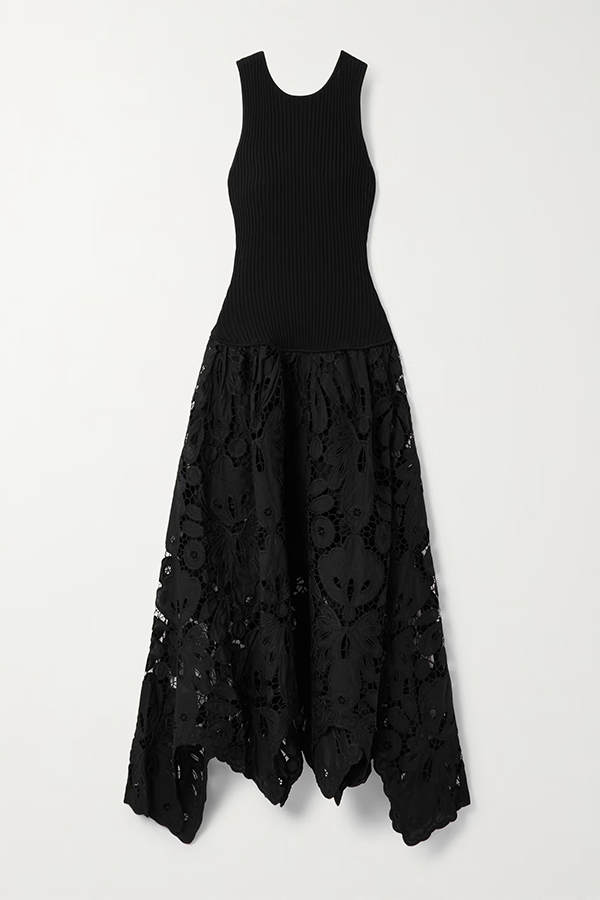 Atlas Asymmetric Ribbed-knit and Guipure Lace Back Zipper Midi Dress-consonak