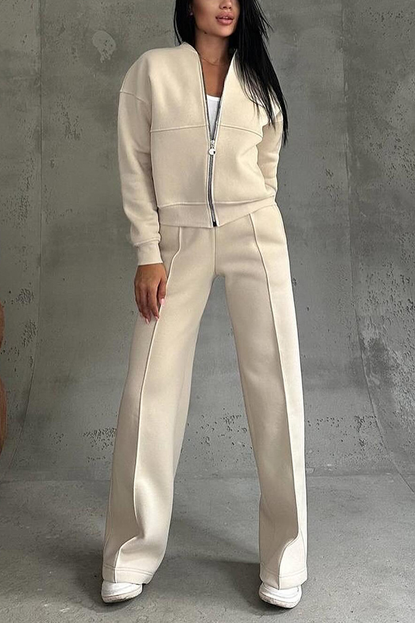 Solid Color Casual Long Sleeve Zipper Jacket and Elastic Waist Pocket Wide Leg Pants Set-consonak