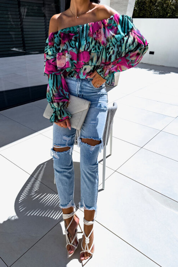 Colorful Botanical Print Sexy Off-shoulder Ruffle Top-consonak