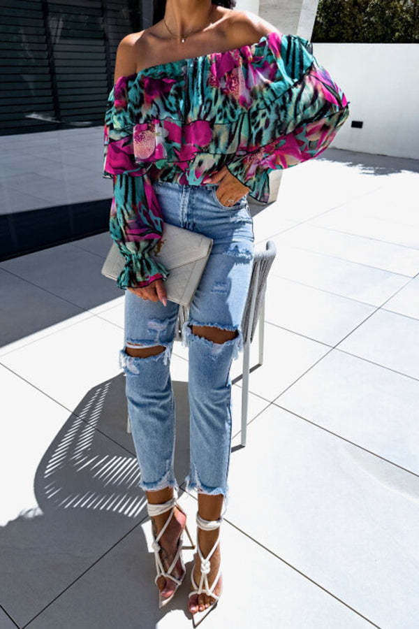 Colorful Botanical Print Sexy Off-shoulder Ruffle Top-consonak