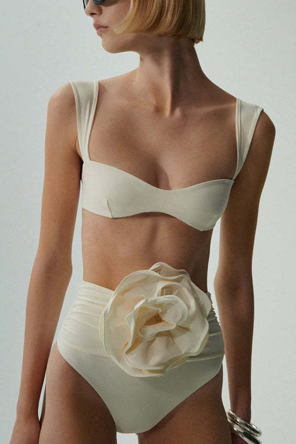 Solid Color Square Neck High Waist 3D Floral Stretch Bikini Swimsuit-consonak