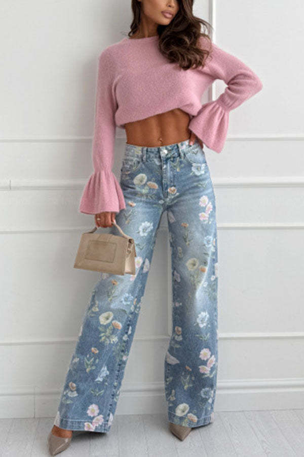 Spring Calling Denim Colorful Floral Print High Rise Pocket Straight Leg Jeans