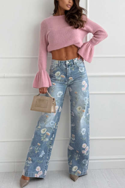 Spring Calling Denim Colorful Floral Print High Rise Pocket Straight Leg Jeans