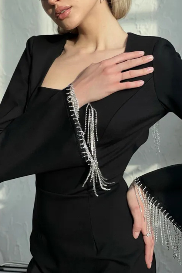 Fashionable Fringed Square Neck Bell Sleeves Hollow Back Mini Dress-consonak