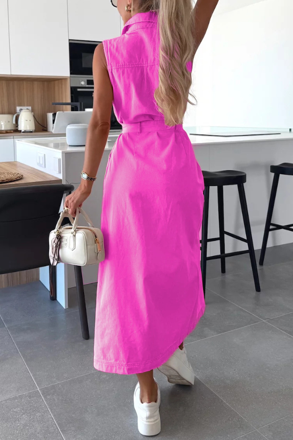 Solid Color Sleeveless Single Breasted Waist Tie Casual Pocket Denim Midi Dress | Consonak