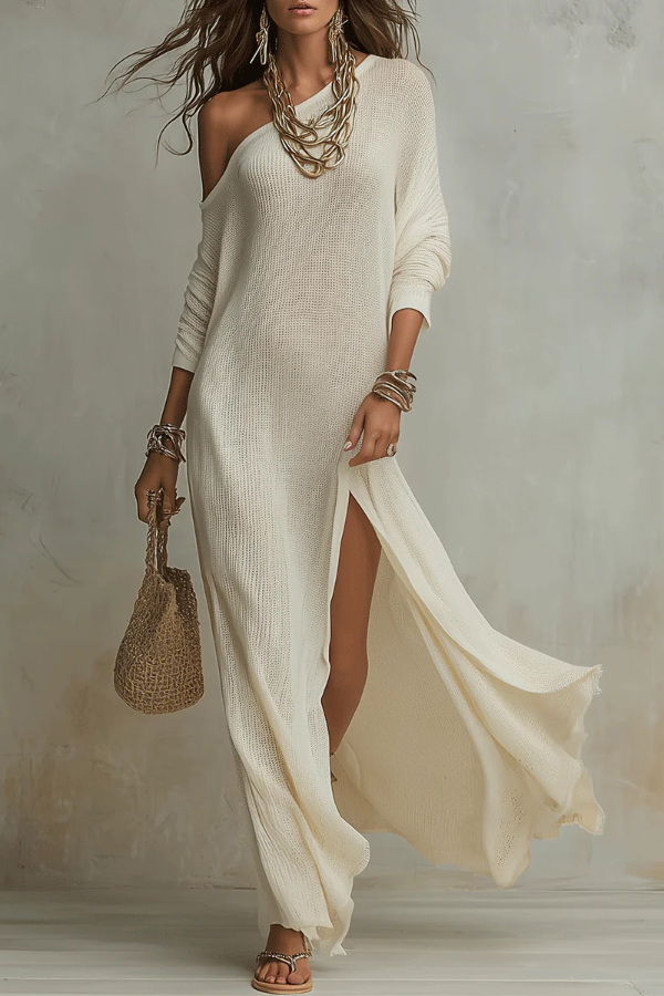 Solid Color Loose-fitting Slant Collar Long-sleeved Casual Slits Maxi Dress With