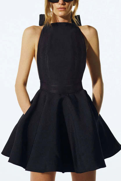 Sexy Backless Halterneck Lace-up Pocket Mini Dress-consonak