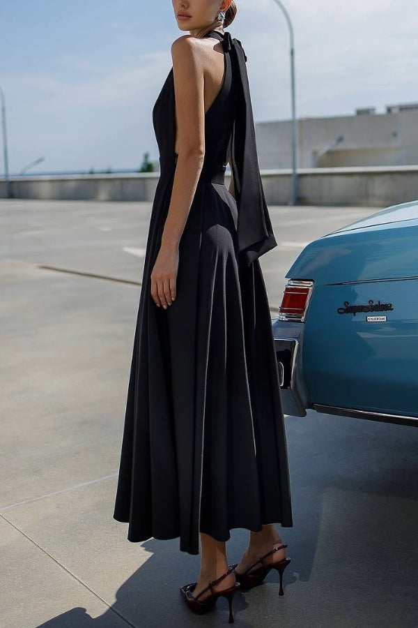 Solid Color Halter Neck Bow Tie Elegant Waist-cinching Midi Dress-consonak