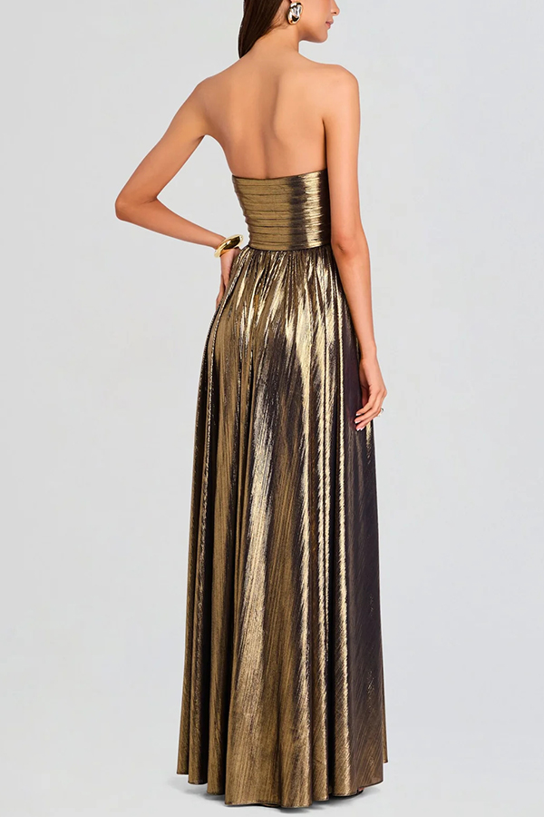 Goddess Temperament Metallic Pleated Fabric Off Shoulder Slit Maxi Dress-consonak